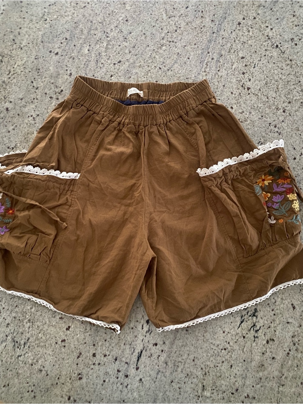 AREA Brown Embroidered Lace-Trim Shorts